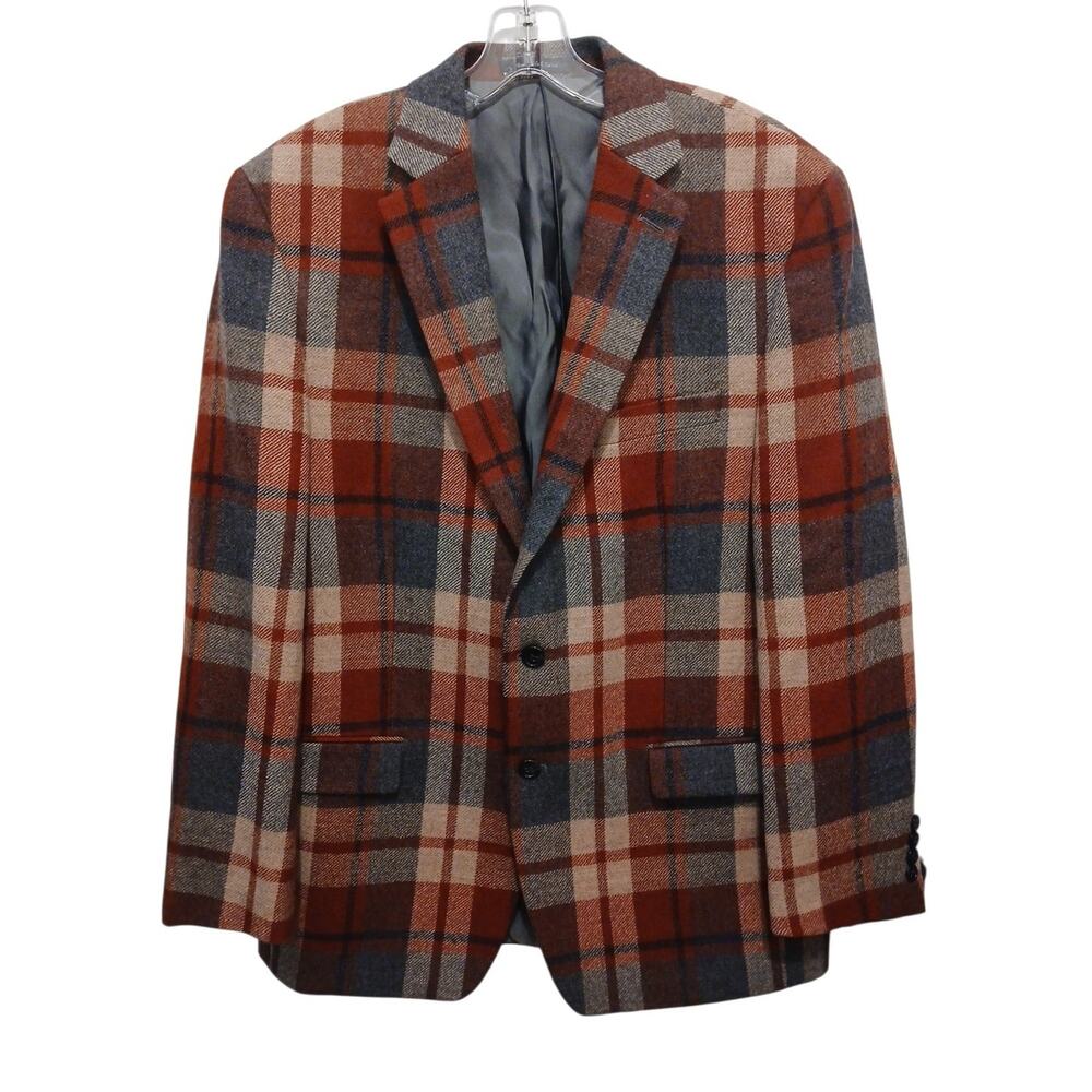 Lauren Ralph Lauren Tartan Wool Jacket Men 42R Red Tan Plaid Equestrian Luxury